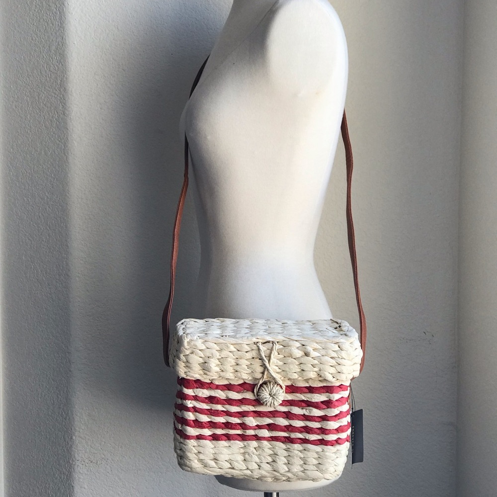 Boho Straw Crossbody Bag Boxy Handbag Purse Beige w/ Stripe Brick Red Wine Lines